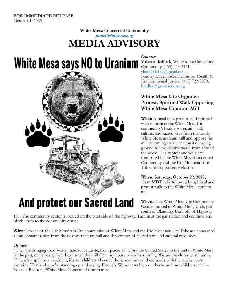 MEDIA ADVISORY - White Mesa Ute Organize Protest, Spiritual Walk Opposing White Mesa Uranium Mill