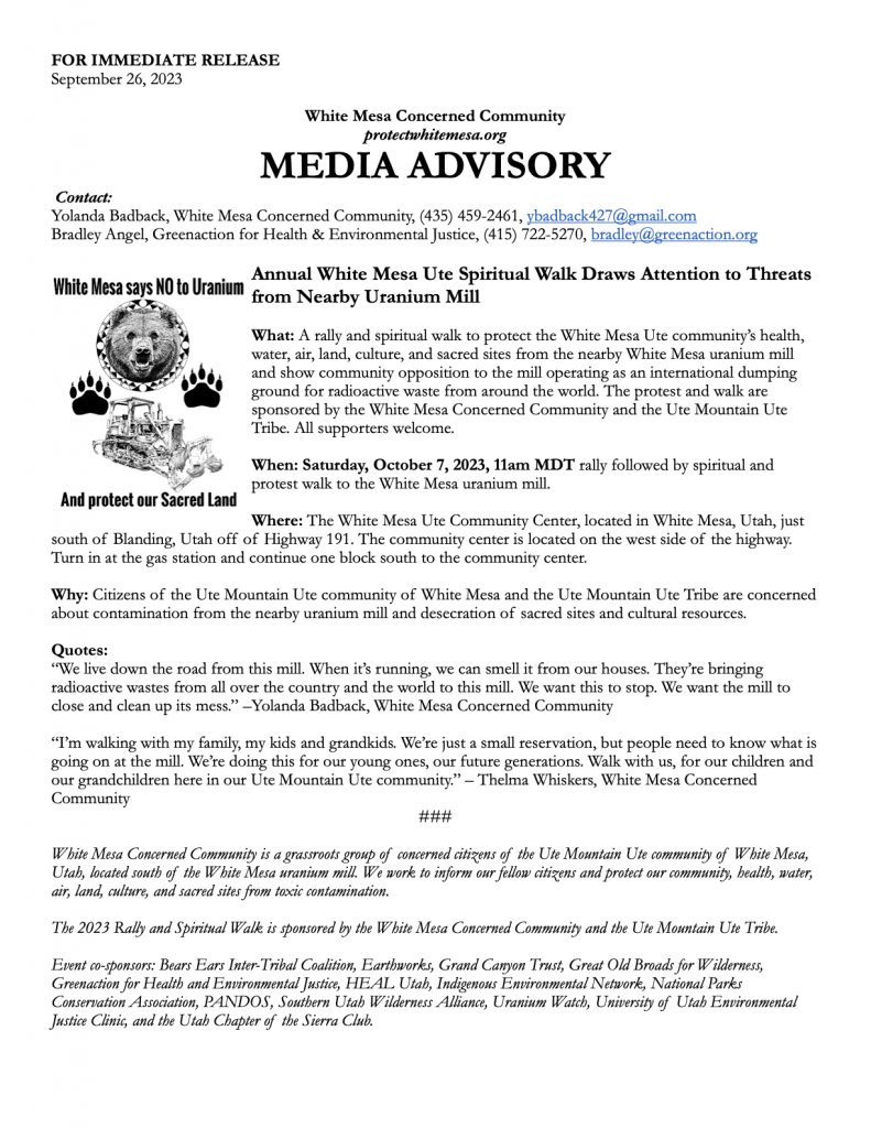 White Mesa Spiritual Walk and Protest Media advisory