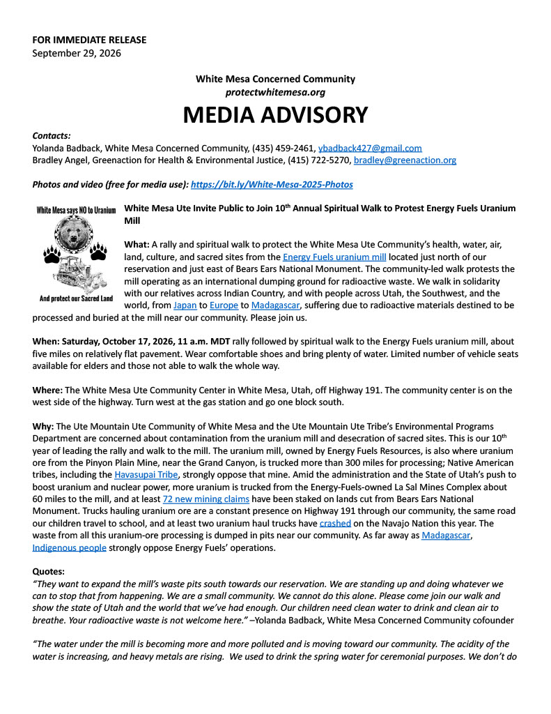 For Immediate Release: White Mesa Utes Invite Public to 10th Annual Spiritual Walk and Protest against Energy Fuels' uranium mill/dump and mines, October 17th